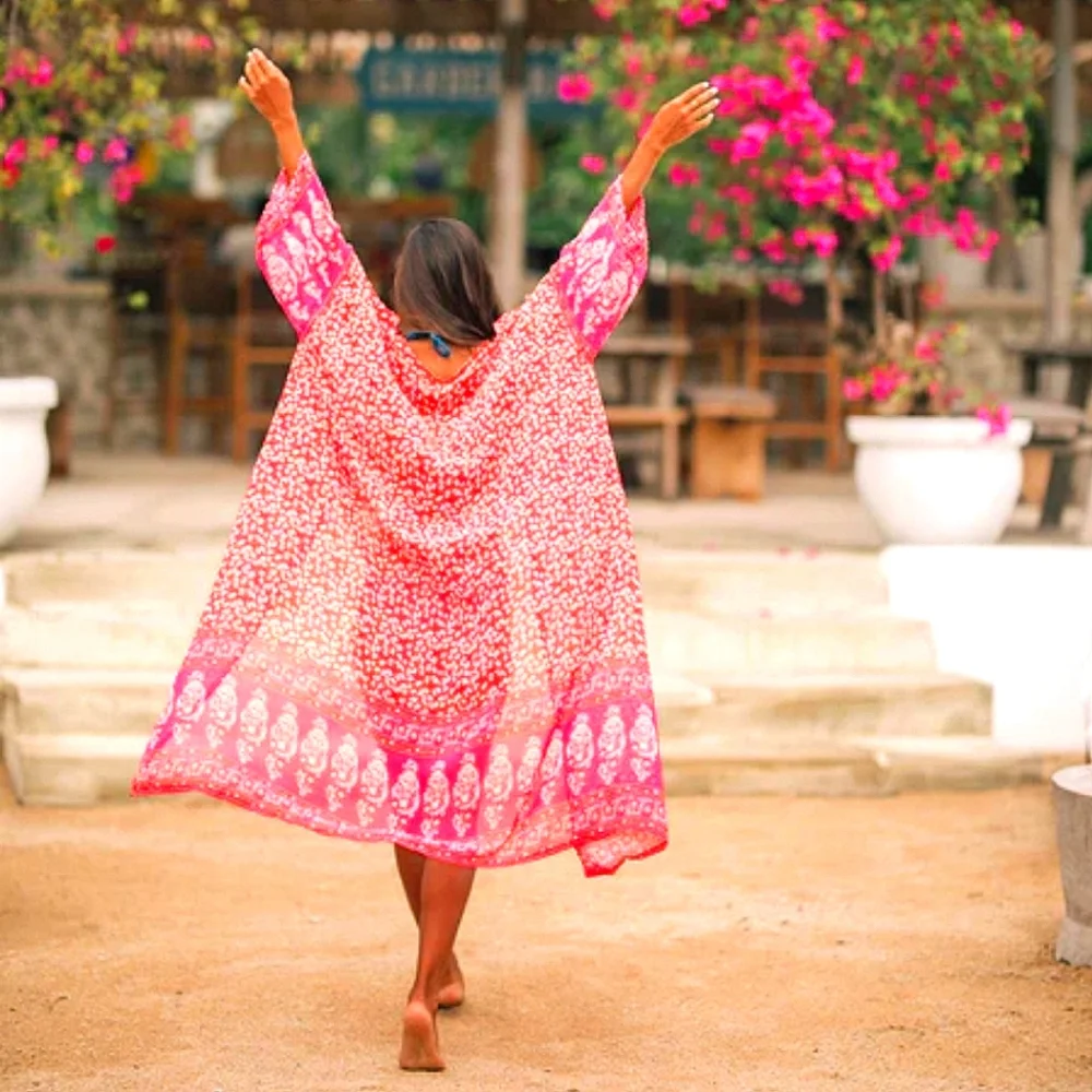 New Boho Peasant Floral Sheer Kimono Maxi Duster Jacket Cardigan Red Pink - Picture 2 of 11